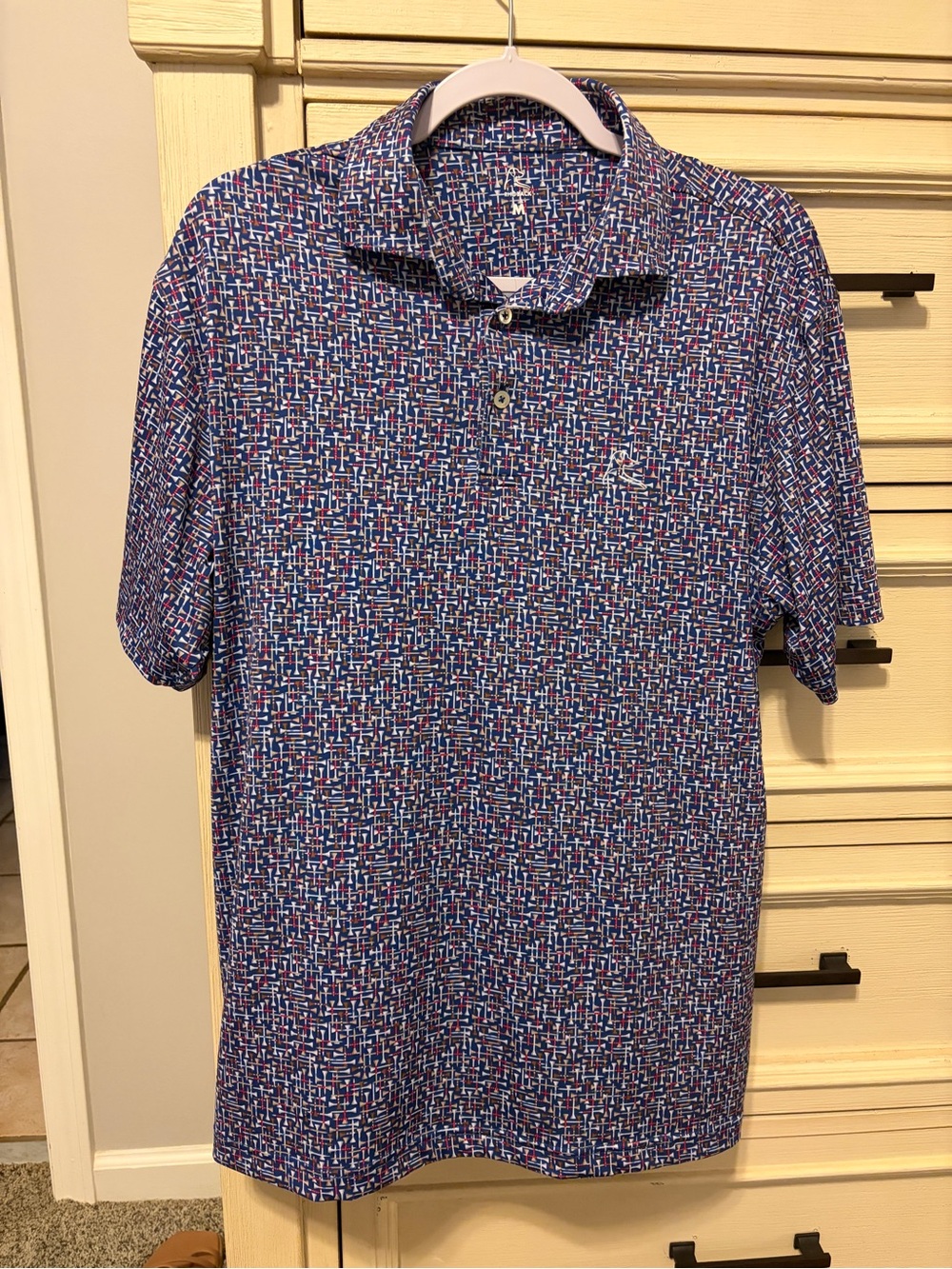 Rhoback Navy Polo with White, Brown & Red Geometric Print